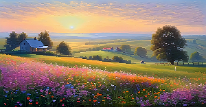 A peaceful rural scene at sunrise, with a colorful field of wildflowers and a farmhouse in the background, illuminated by soft golden light.