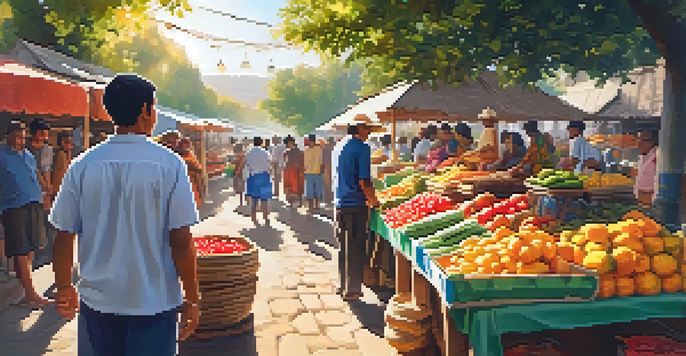 A colorful local market with fresh produce and handmade crafts under warm sunlight, bustling with activity.