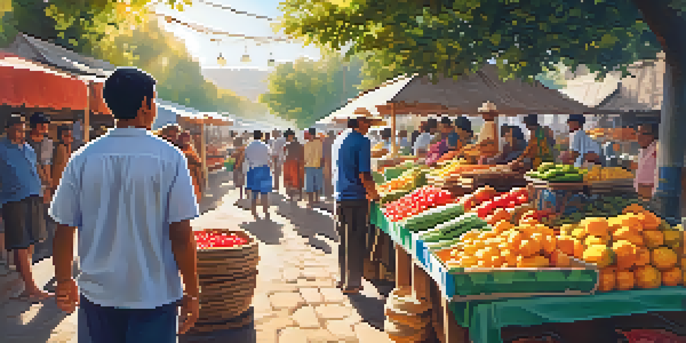 A colorful local market with fresh produce and handmade crafts under warm sunlight, bustling with activity.