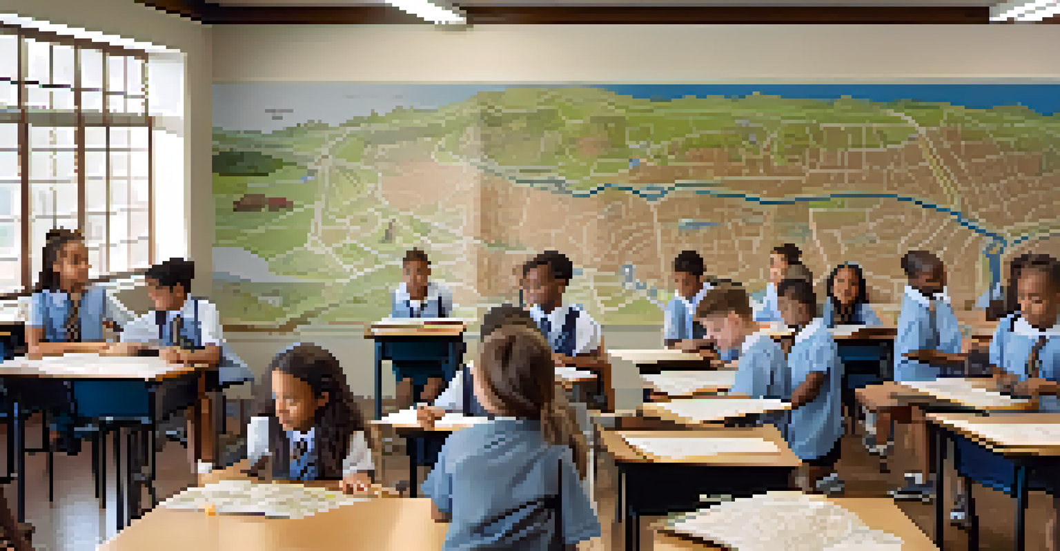 Students in a classroom working on a history project, surrounded by maps and historic photographs.