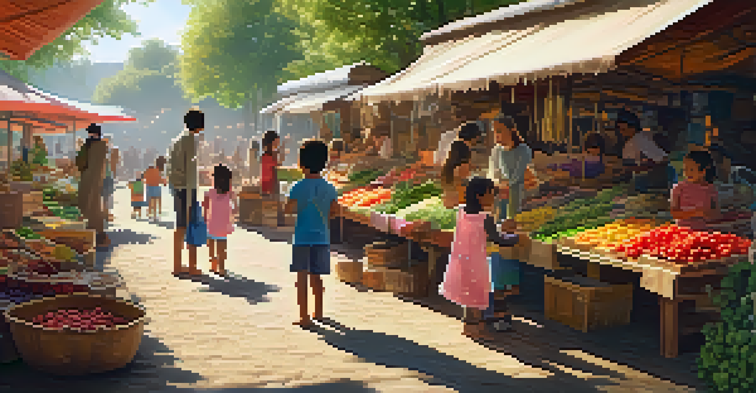 Children participating in a craft workshop at a local market, with parents shopping nearby and a lively atmosphere filled with decorations.