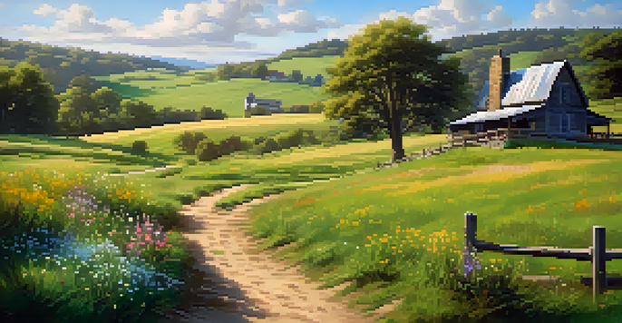 A scenic countryside view with rolling hills, a rustic farmhouse, and a dirt path, under a bright blue sky.