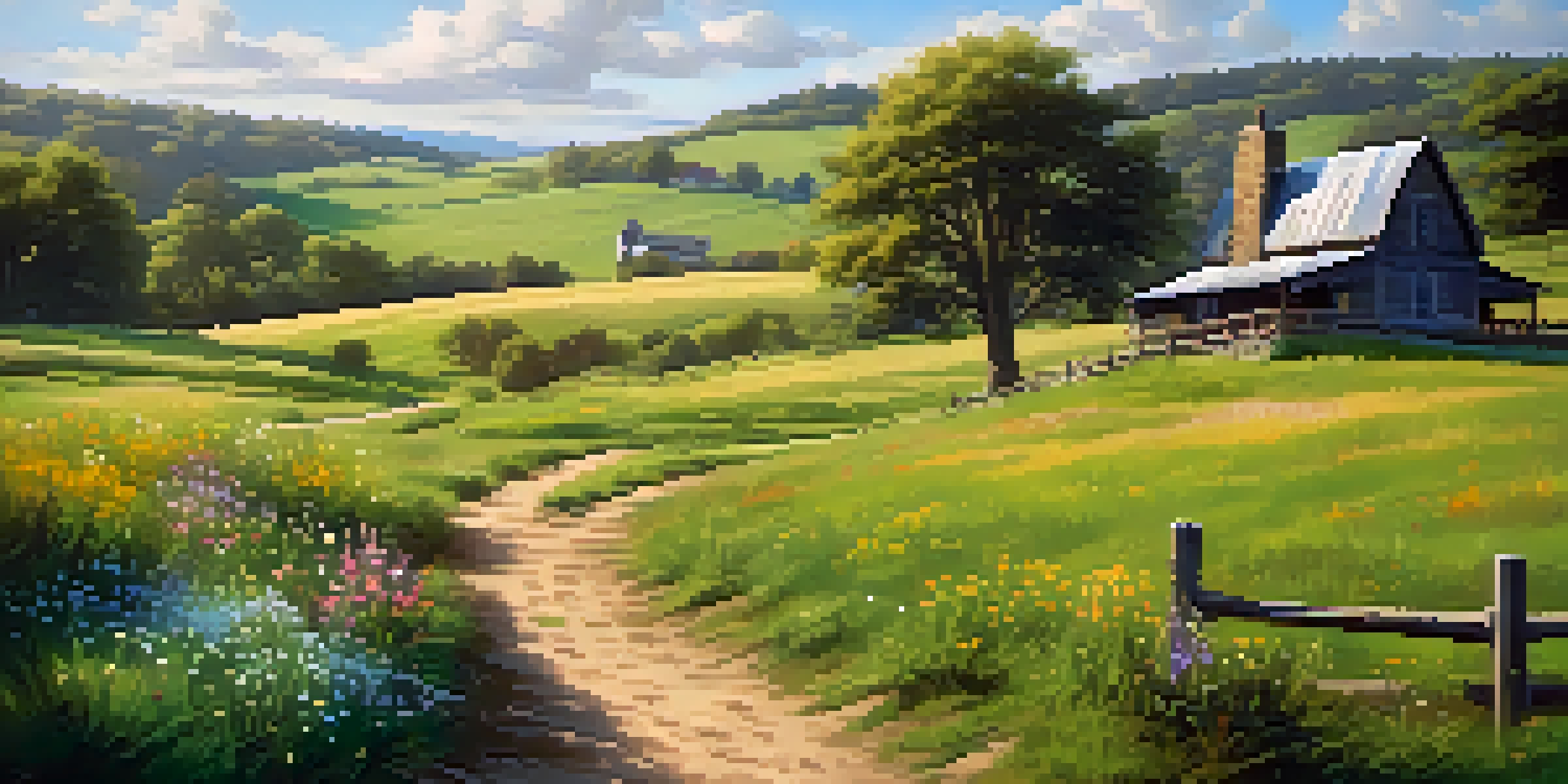A scenic countryside view with rolling hills, a rustic farmhouse, and a dirt path, under a bright blue sky.