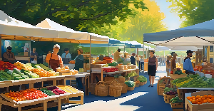 A lively farmers' market with colorful stalls and shoppers interacting under the sun.