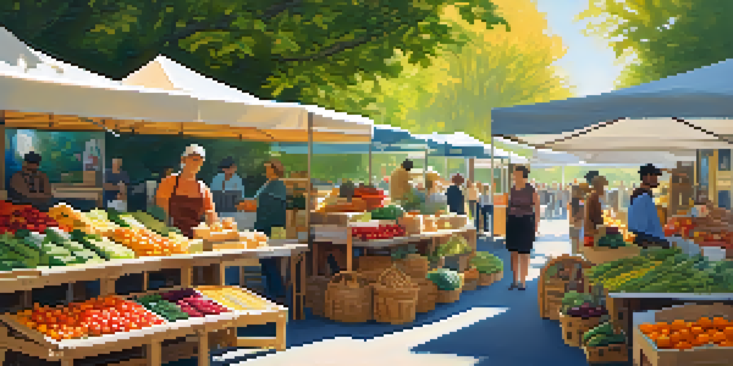 A lively farmers' market with colorful stalls and shoppers interacting under the sun.