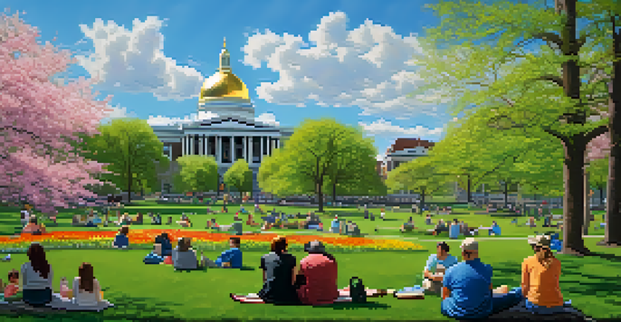 A scenic view of Boston Common in spring, with people enjoying the park and the Massachusetts State House in the background.