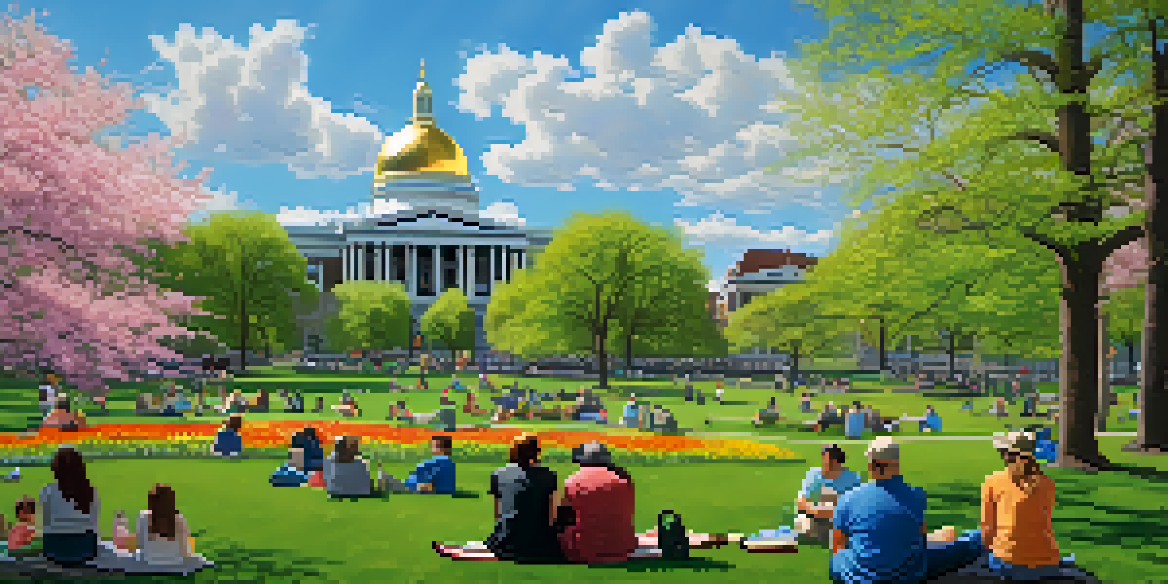 A scenic view of Boston Common in spring, with people enjoying the park and the Massachusetts State House in the background.