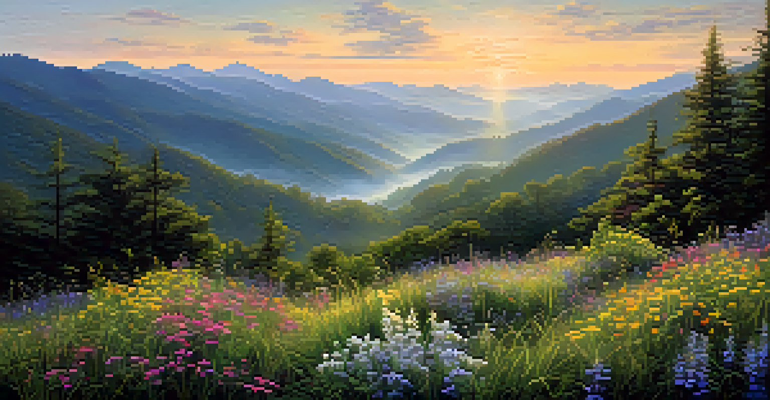 A peaceful Smoky Mountains landscape at dawn with mist and blooming wildflowers.