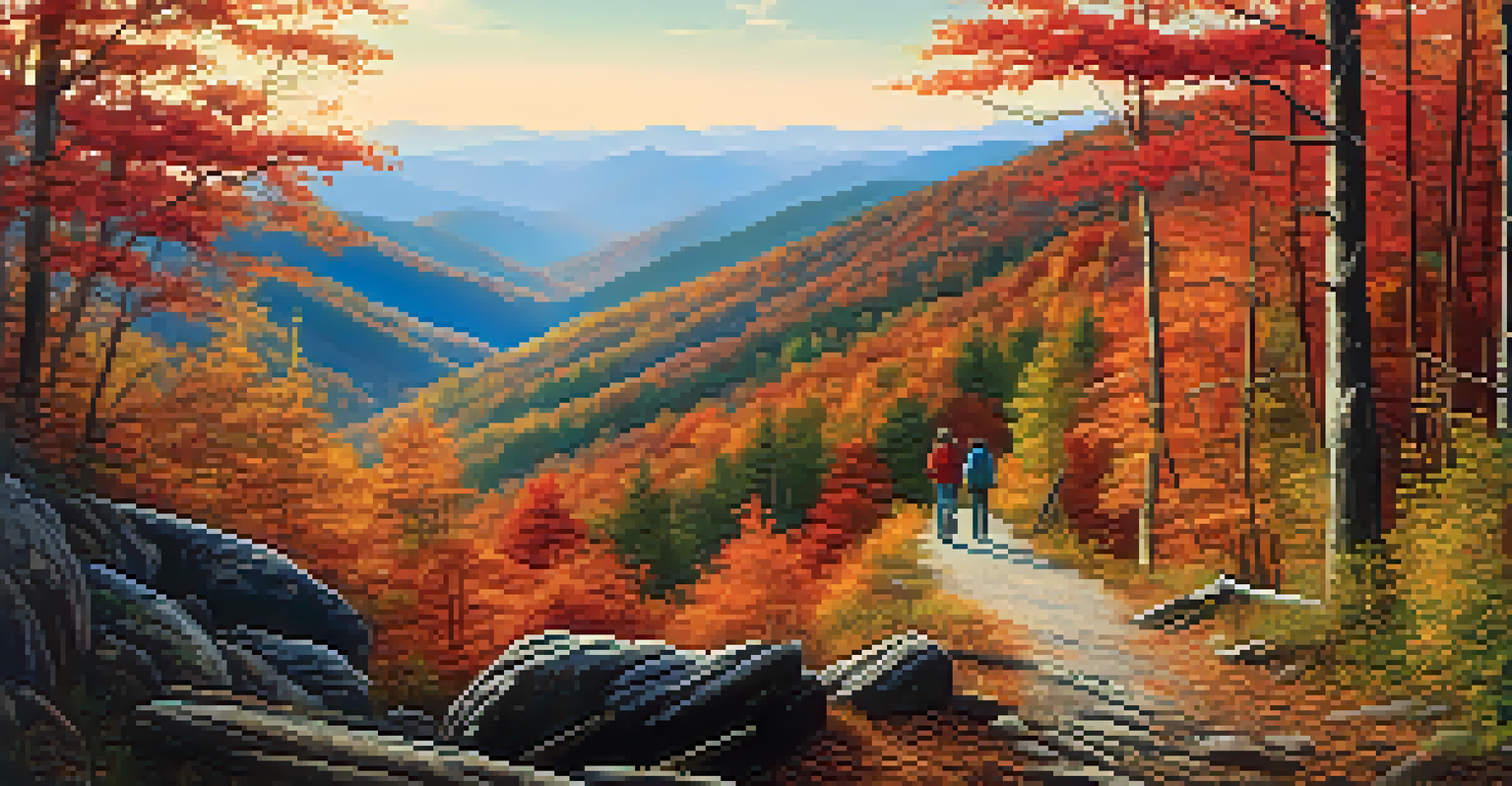 A family hiking in the Great Smoky Mountains, surrounded by vibrant autumn foliage and a clear blue sky.