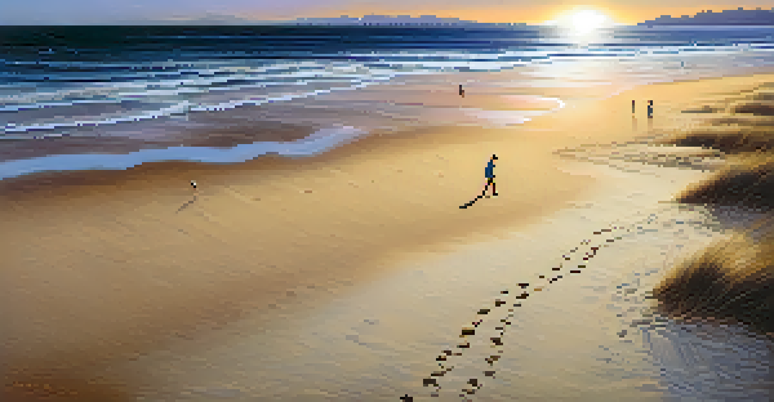 A tranquil beach with waves, and people around a bonfire in the evening.