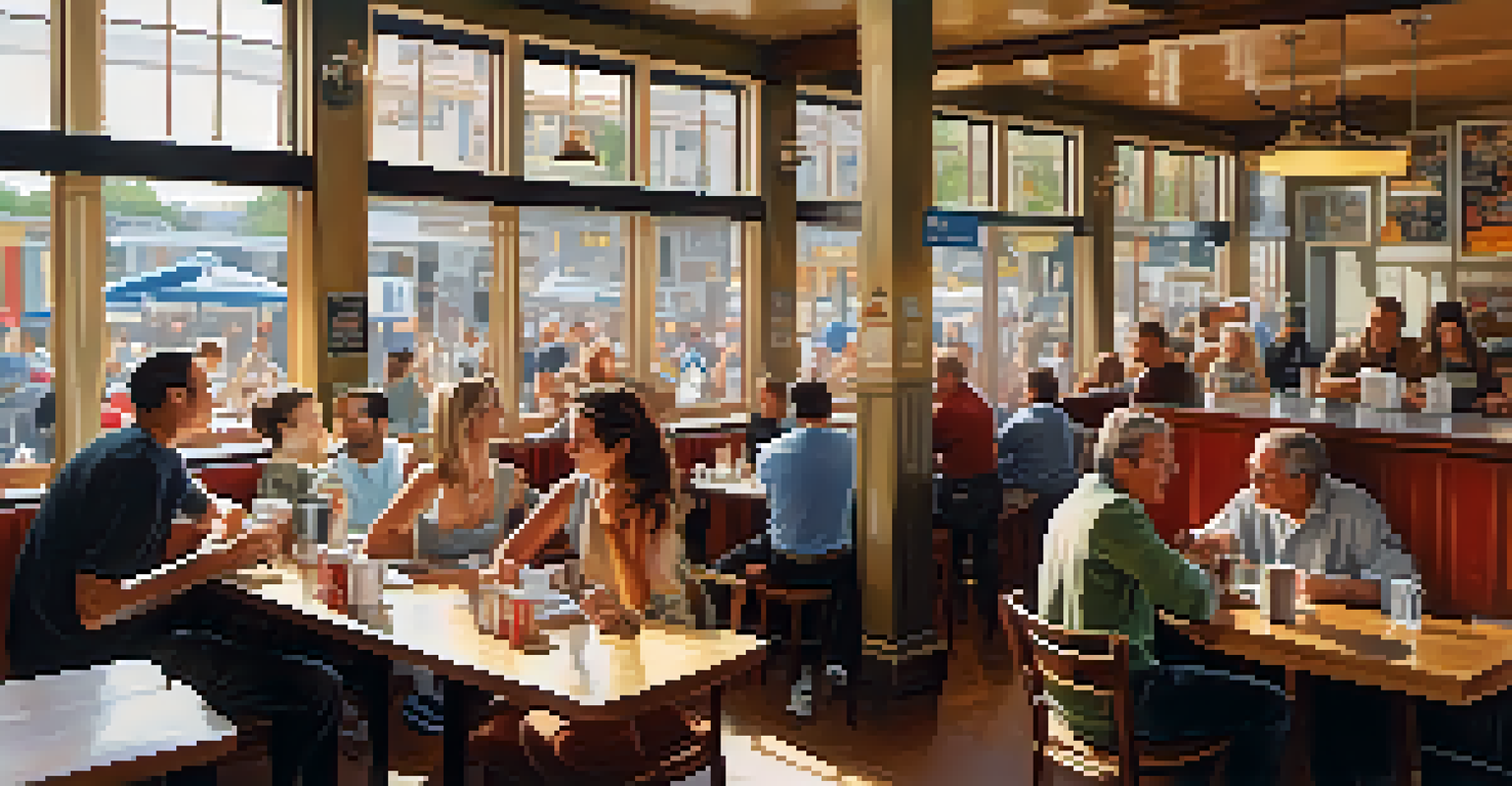 A lively café filled with sports fans enjoying drinks and discussing sports, decorated with memorabilia.