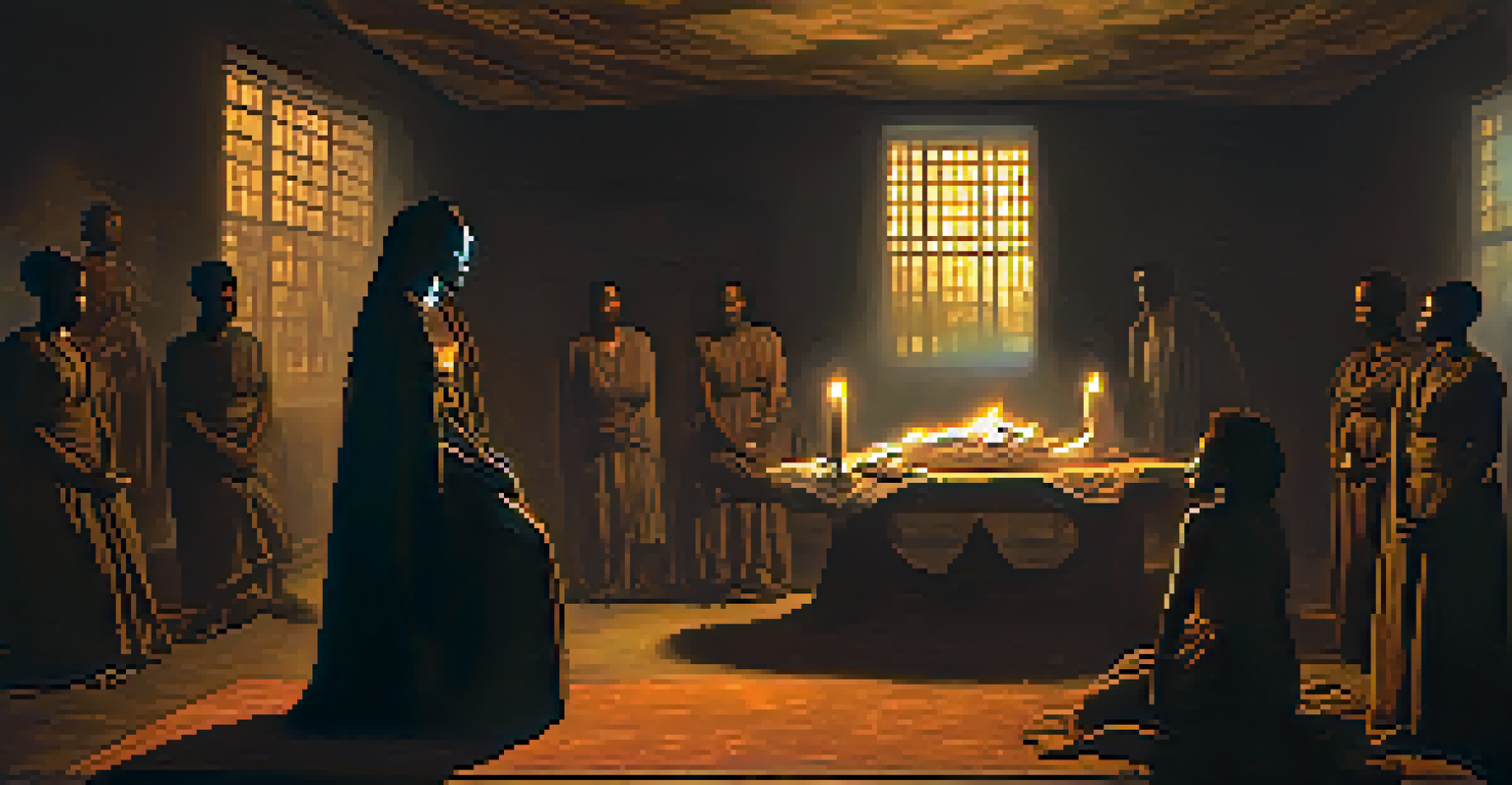 Tituba surrounded by ghostly figures in a dimly lit room, illustrating the accusations of witchcraft during the Salem Witch Trials.