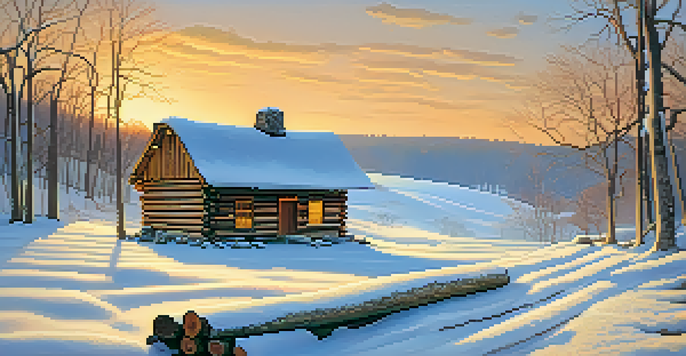 A snowy winter landscape of Valley Forge with a historic replica hut and a sunset.