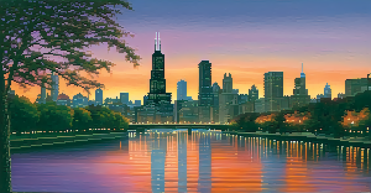 Chicago skyline at sunset with iconic buildings reflected in the river and framed by trees.