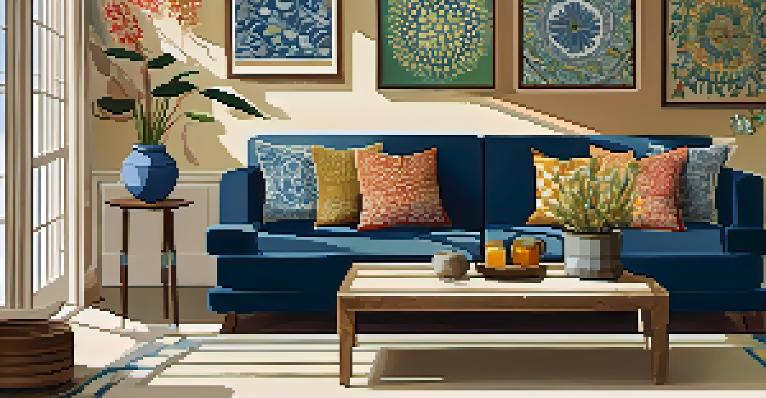 A cozy living room with block-printed cushion covers on a sofa, illuminated by sunlight, showcasing the beauty of handmade decor.