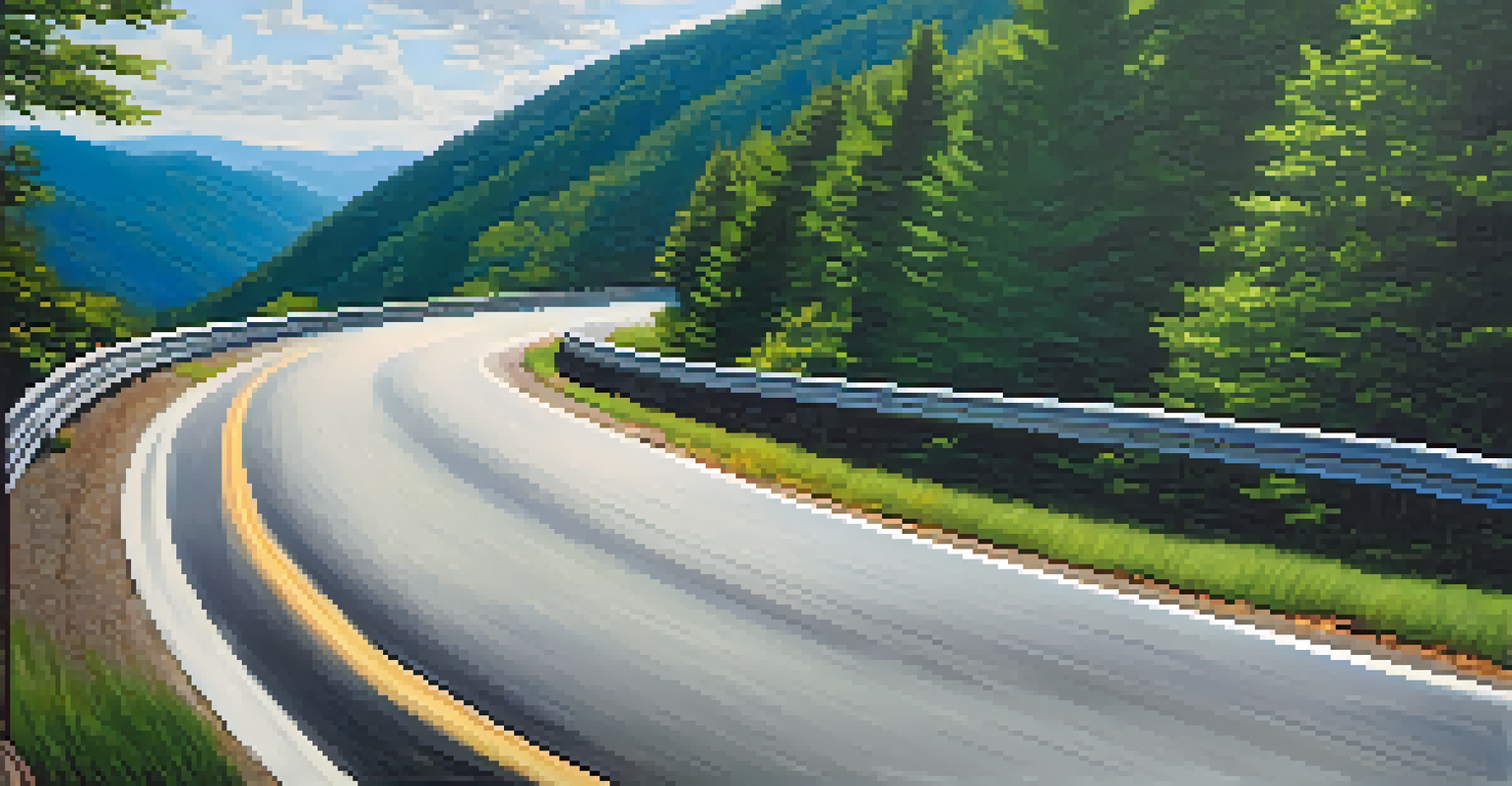 A motorcycle navigating a tight curve on the Tail of the Dragon, surrounded by green forests and mountains.