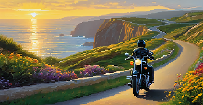 A motorcycle rider on a coastal road at sunset, surrounded by cliffs and flowers.