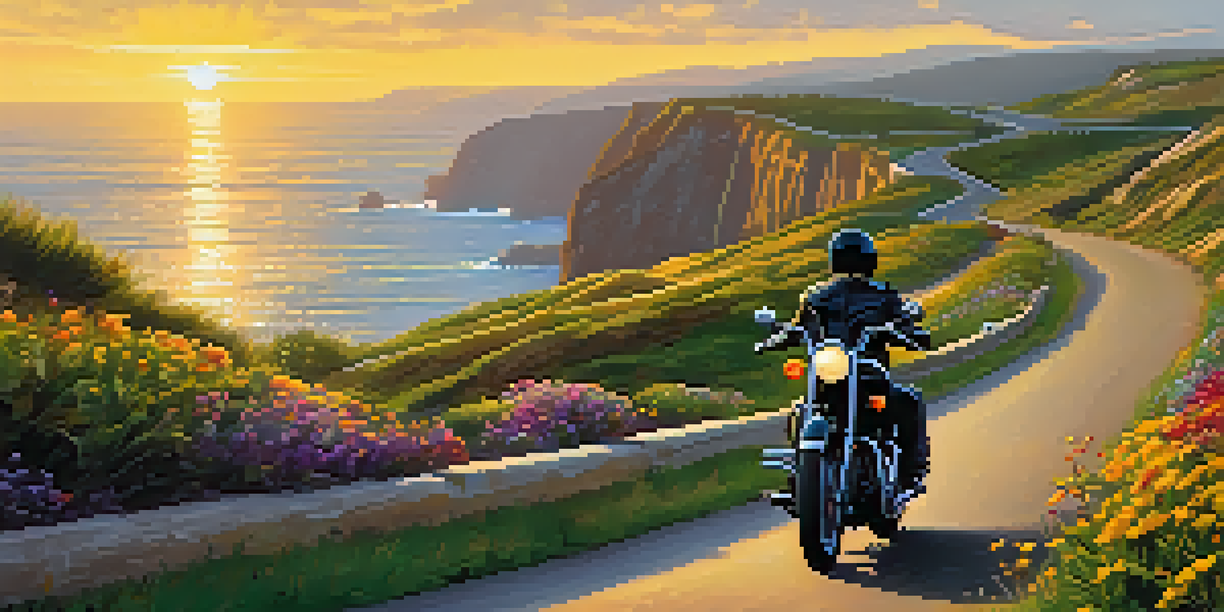 A motorcycle rider on a coastal road at sunset, surrounded by cliffs and flowers.