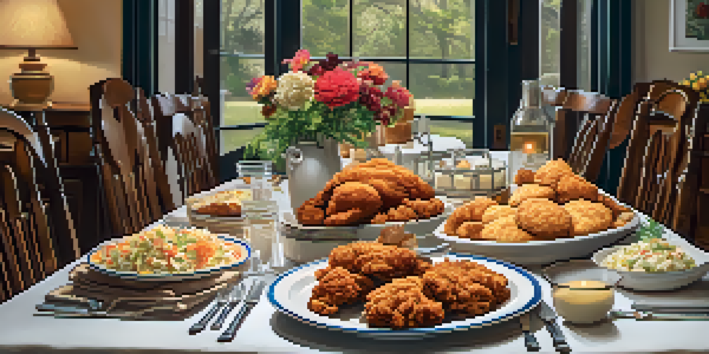 A rustic Southern dining table filled with fried chicken, coleslaw, and biscuits, set in a warm, inviting atmosphere.