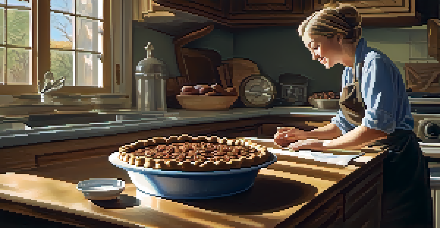A Southern kitchen with a cook preparing pecan pie, surrounded by cooking ingredients and warm sunlight.