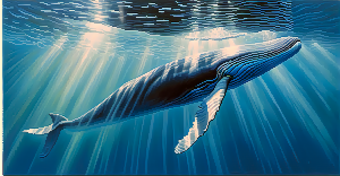 A large blue whale swimming in the ocean, with sunlight streaming through the water and small fish surrounding it.