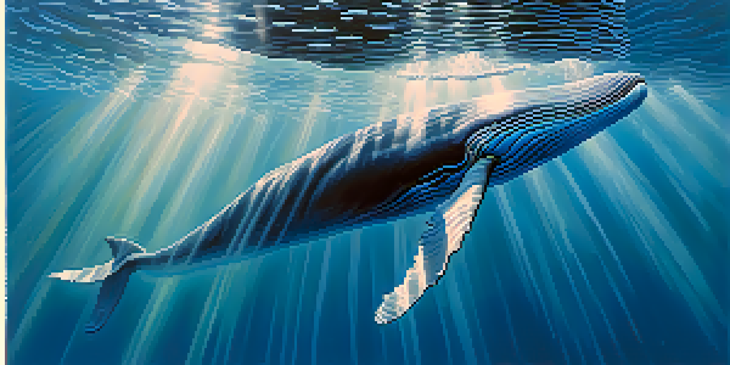A large blue whale swimming in the ocean, with sunlight streaming through the water and small fish surrounding it.