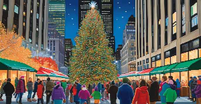 A bustling holiday light festival scene in New York City with the Rockefeller Center Christmas tree, colorful lights, and people enjoying the festivities.