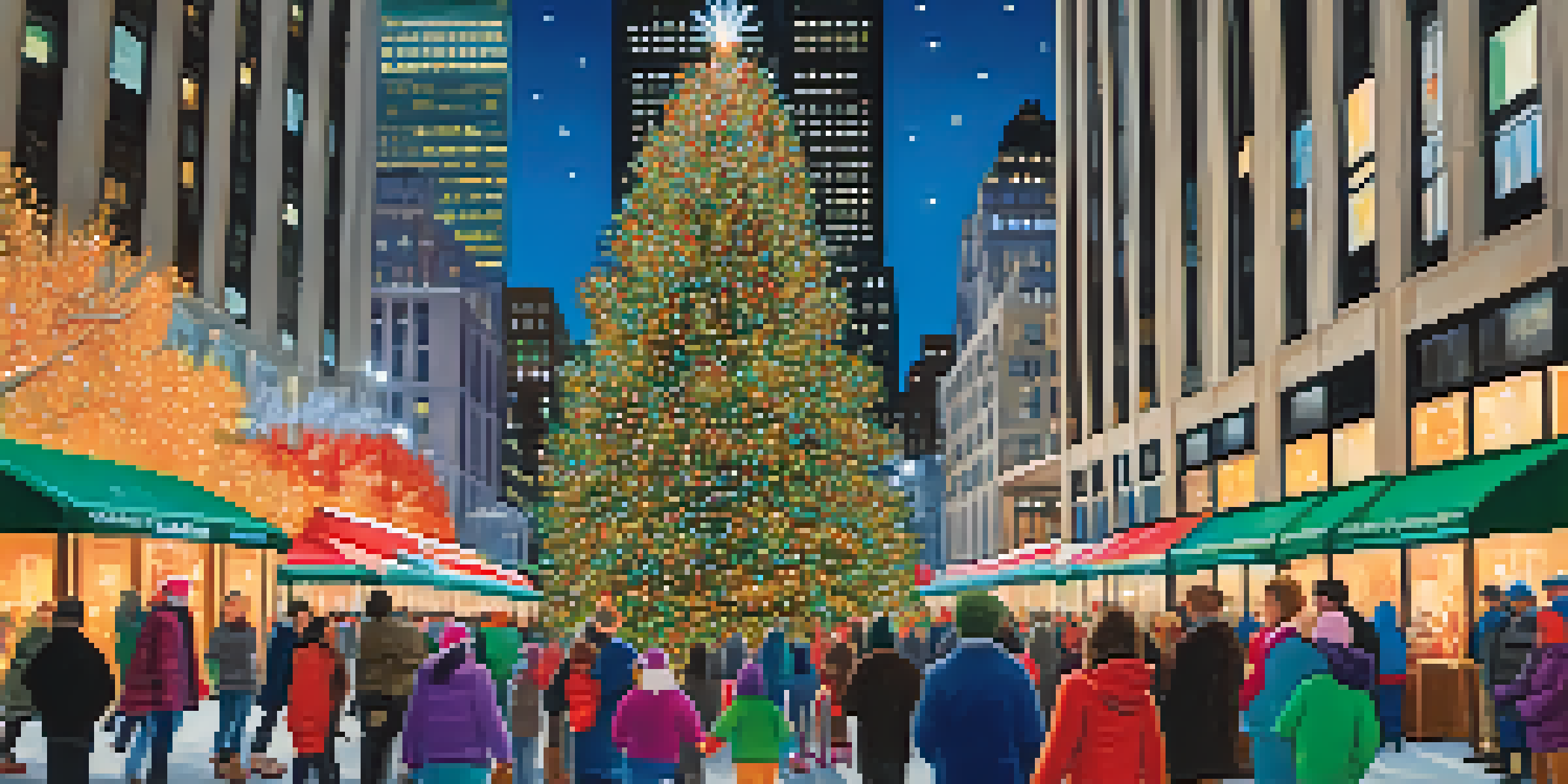 A bustling holiday light festival scene in New York City with the Rockefeller Center Christmas tree, colorful lights, and people enjoying the festivities.
