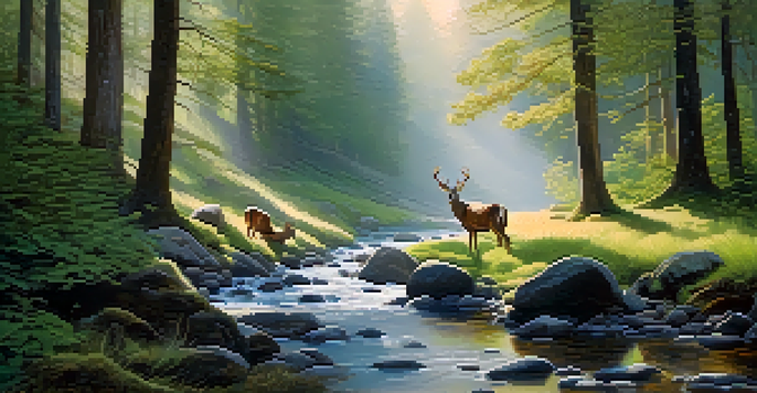 A peaceful morning scene in a national park featuring a misty forest, a flowing stream, and deer grazing in the foreground.