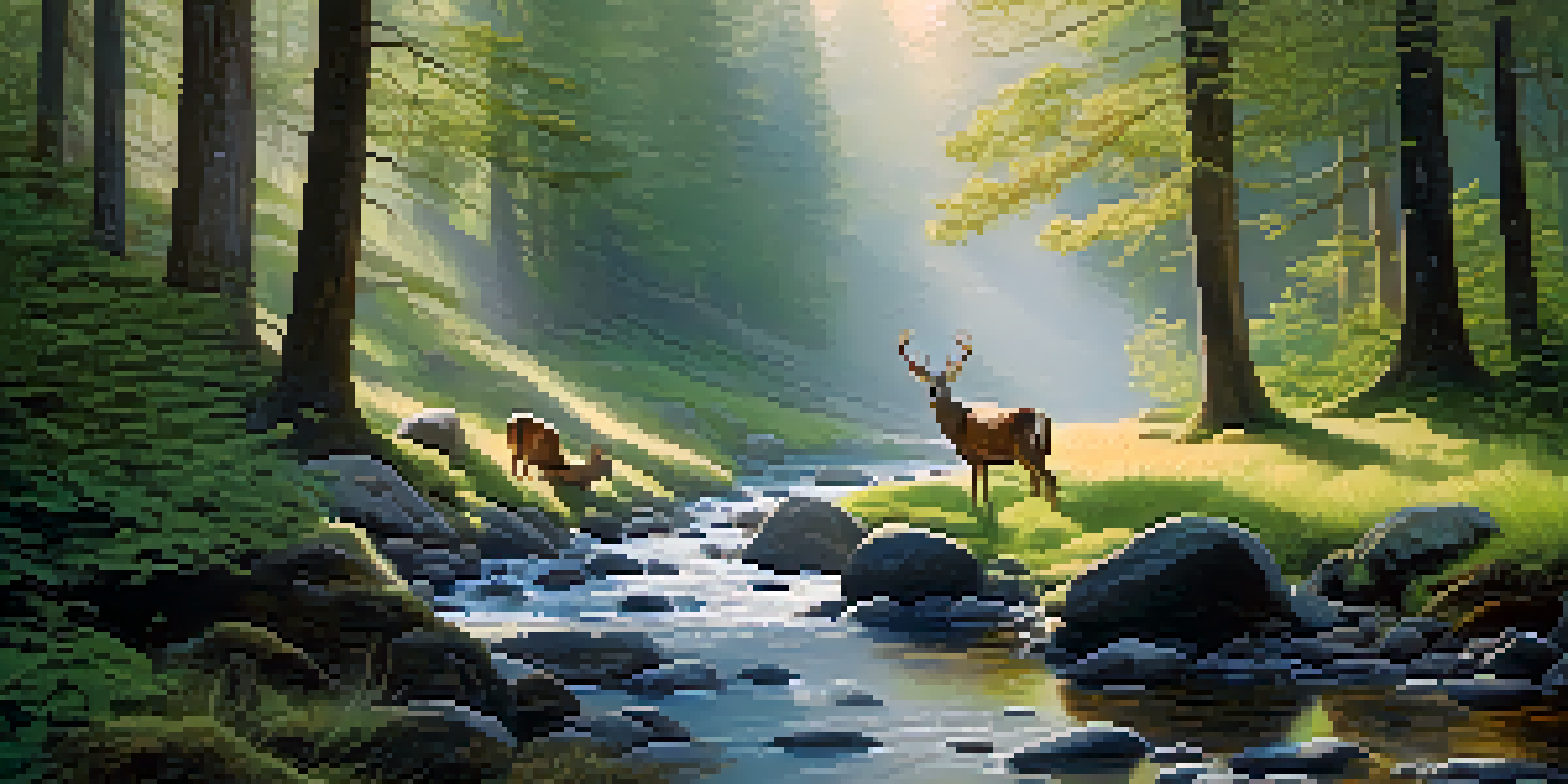 A peaceful morning scene in a national park featuring a misty forest, a flowing stream, and deer grazing in the foreground.