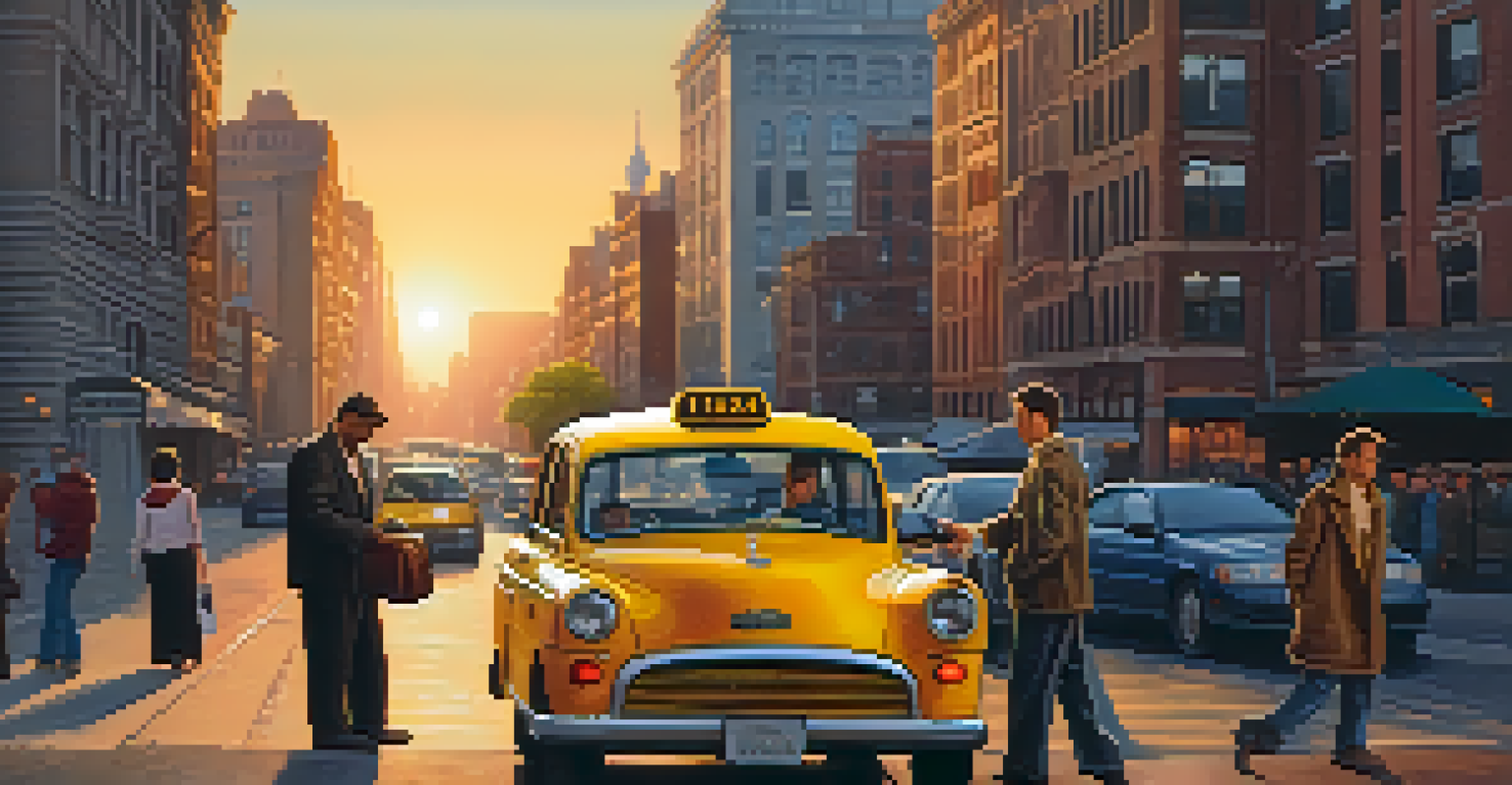 A friendly taxi driver helping a passenger with luggage against a city sunset backdrop.