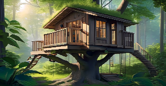 A treehouse surrounded by a dense green forest, featuring a balcony and hammock, with sunlight streaming through the leaves.