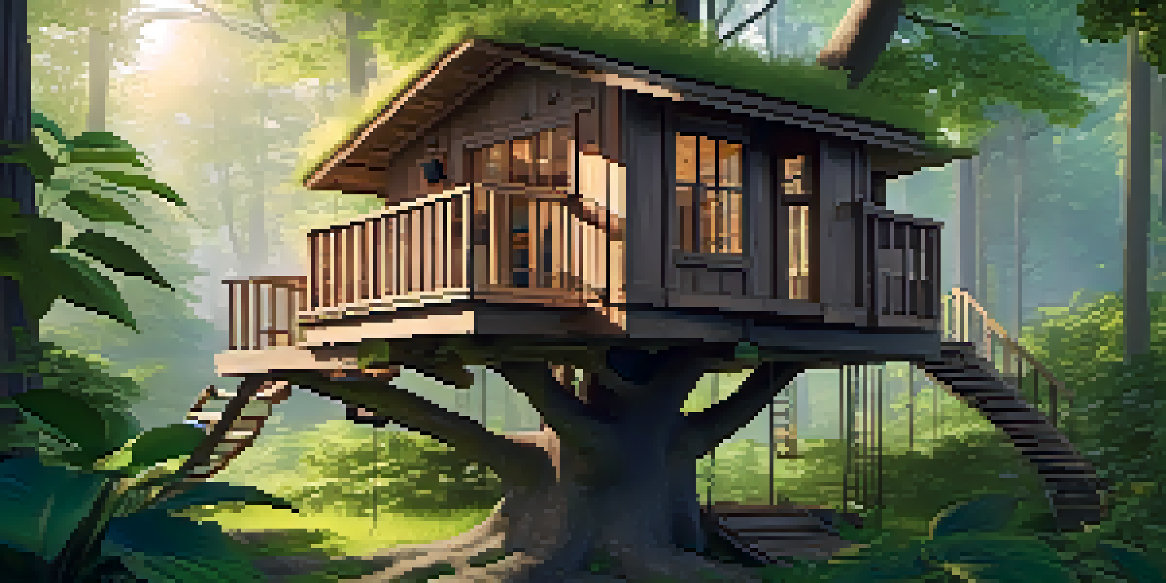 A treehouse surrounded by a dense green forest, featuring a balcony and hammock, with sunlight streaming through the leaves.