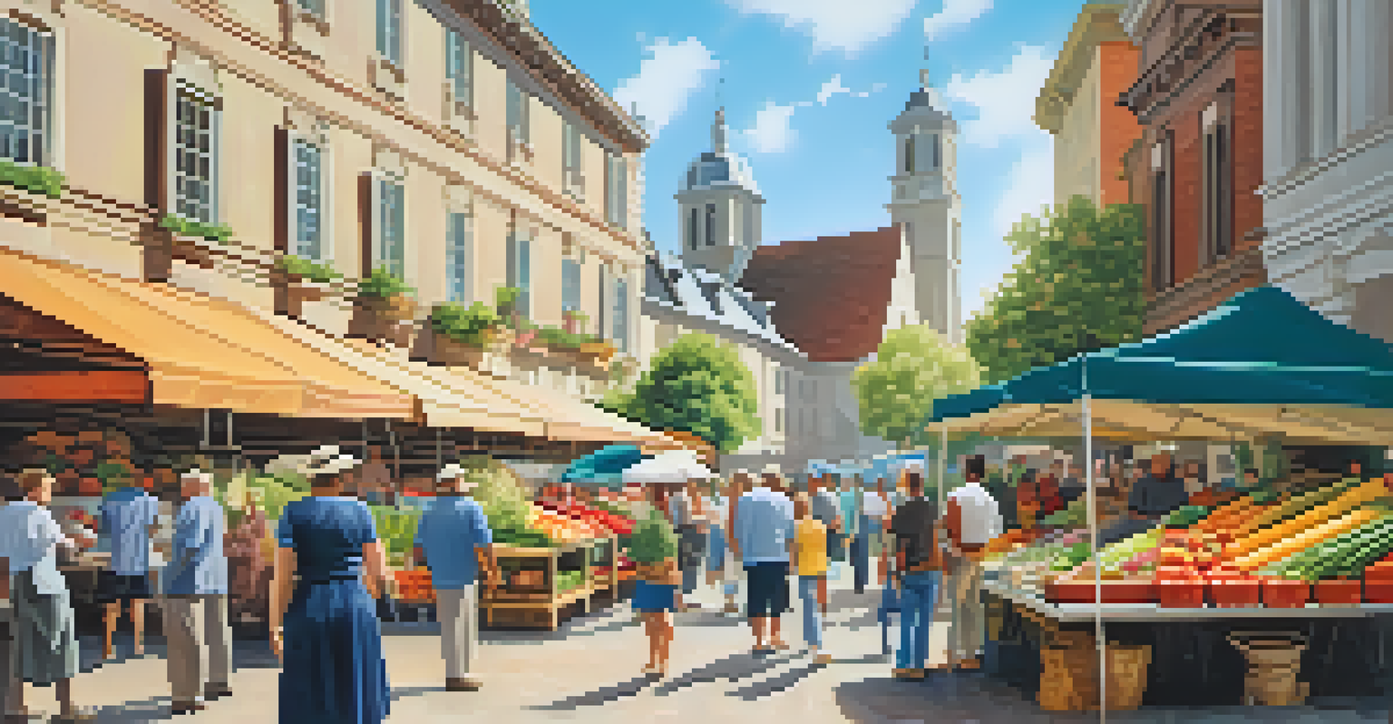 A lively farmer's market featuring fresh produce and friendly vendors in a charming town square.