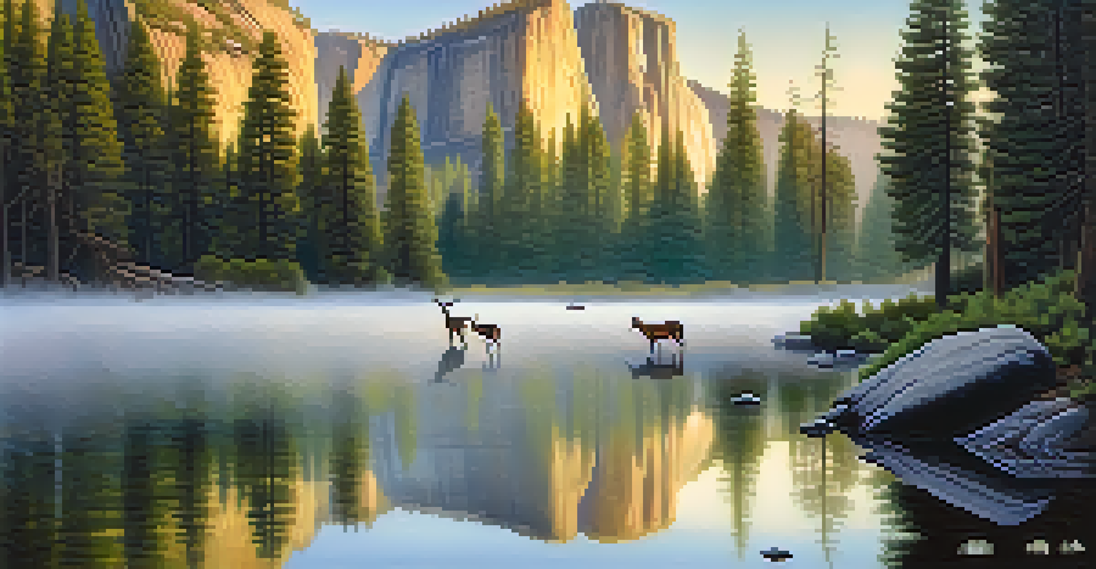A calm morning at Mirror Lake in Yosemite, with reflections of granite cliffs and a family of deer.