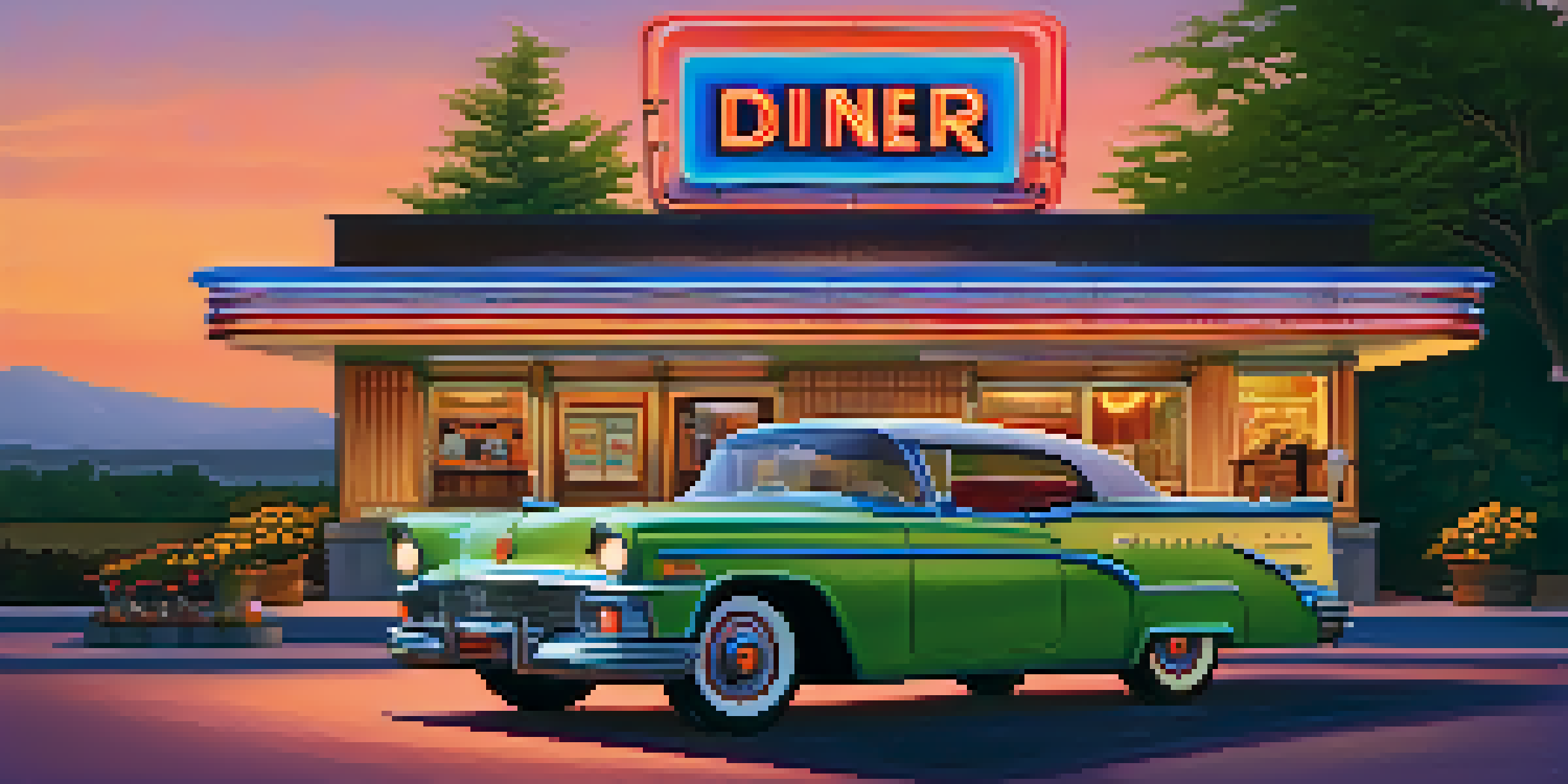 A roadside diner with neon lights and a jukebox during sunset, surrounded by greenery and a vintage car.