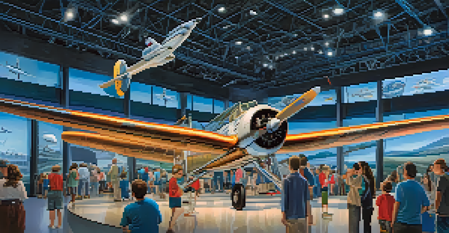 Visitors at the National Air and Space Museum engaging in flight simulations with historic aircraft in the background.