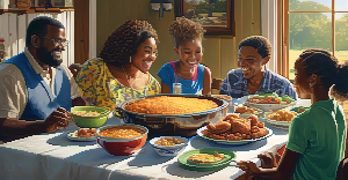 A warm family gathering at a wooden table with Southern comfort foods including gumbo and fried chicken, illuminated by soft sunlight.
