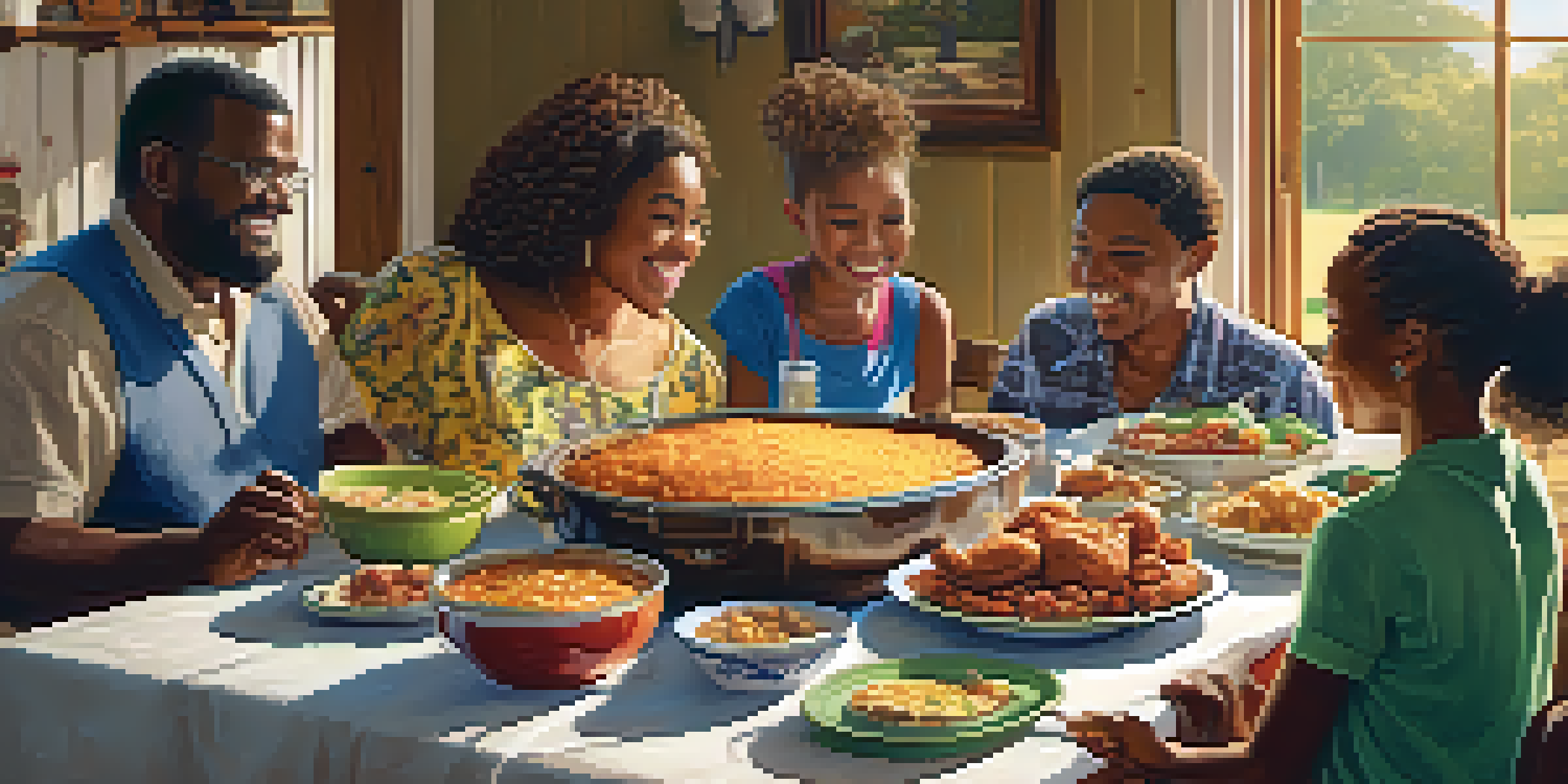 A warm family gathering at a wooden table with Southern comfort foods including gumbo and fried chicken, illuminated by soft sunlight.