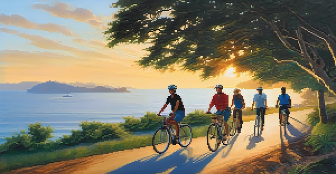 A group of diverse travelers riding bicycles along a coastal path with greenery and ocean views at sunset.