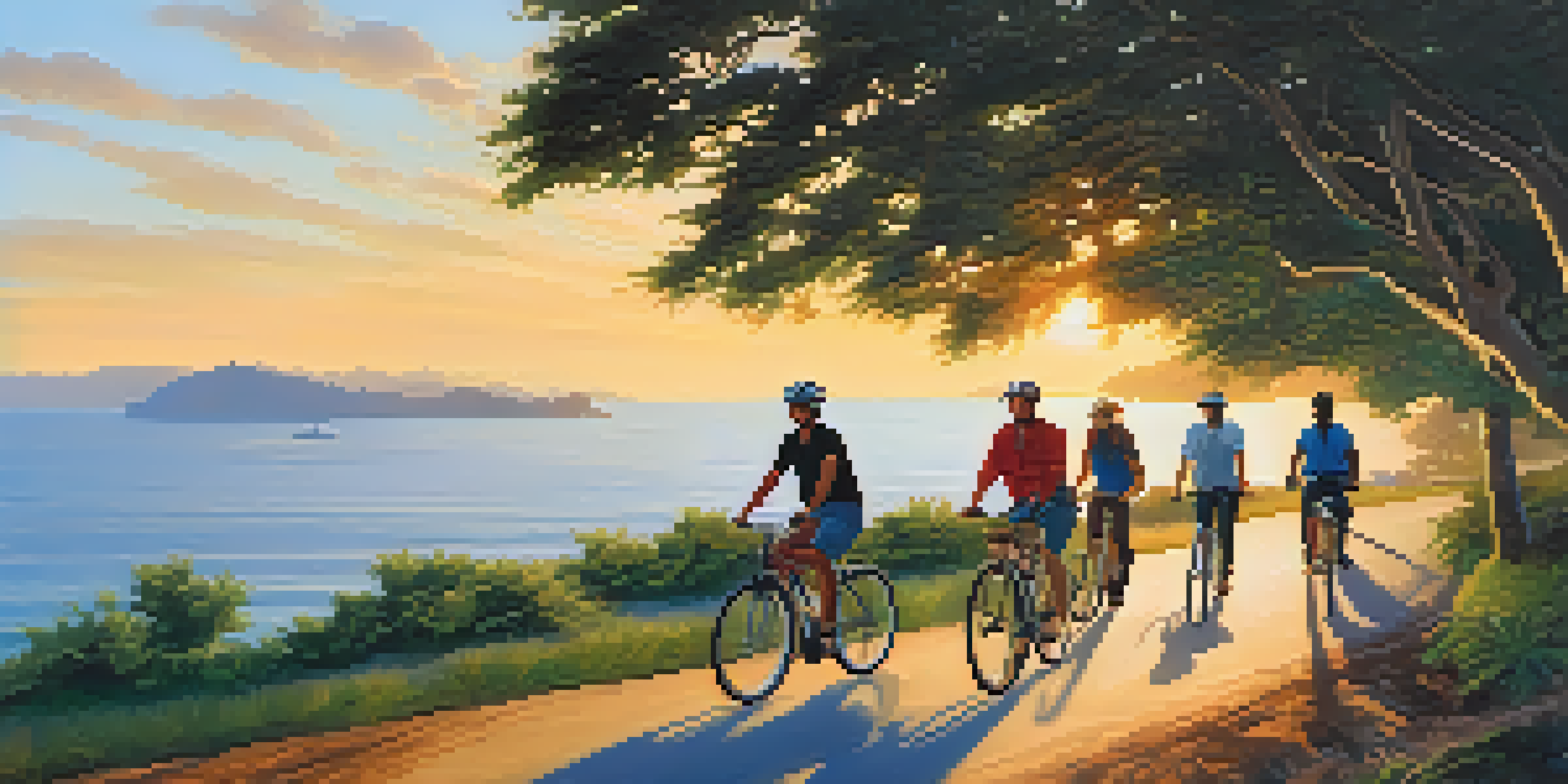 A group of diverse travelers riding bicycles along a coastal path with greenery and ocean views at sunset.