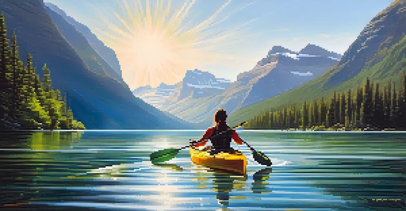 A kayaker paddling through clear waters in Glacier National Park, with mountains and greenery in the background and ducks swimming nearby.