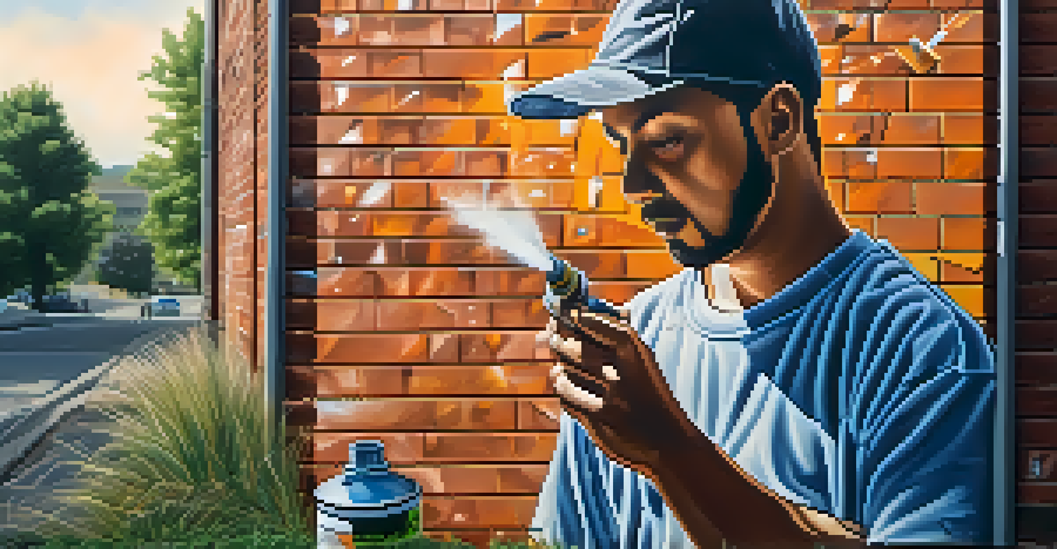 A close-up of a street artist painting a mural on a brick wall, showing tools and a nature scene, illuminated by warm afternoon light.