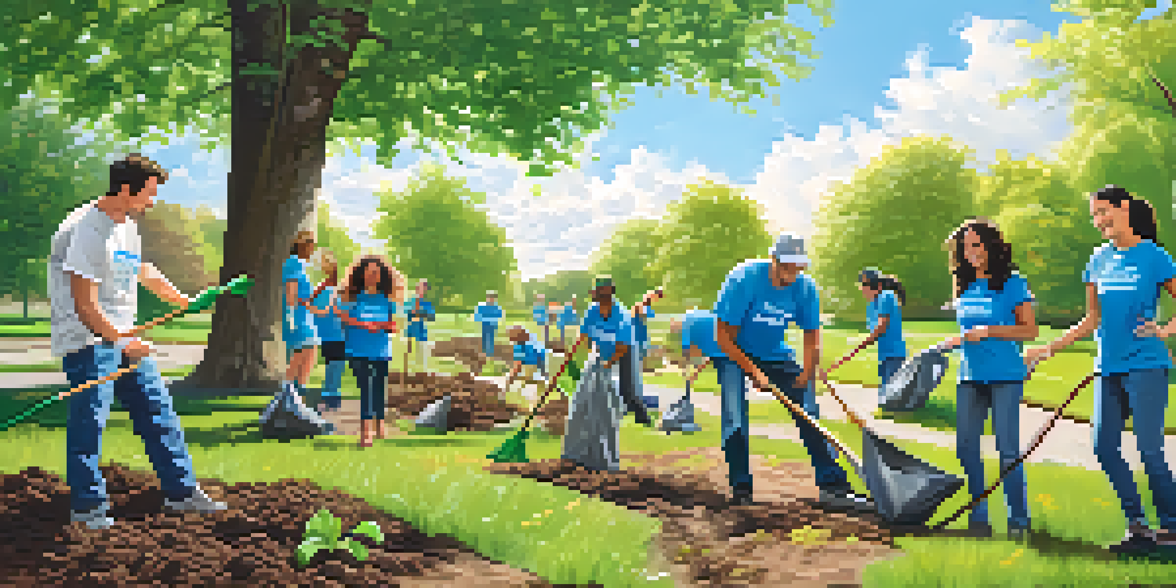 Volunteers working together on a community clean-up project in a park, picking up litter and planting trees.