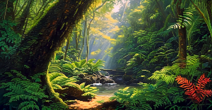 A rainforest scene with travelers observing wildlife, sunlight filtering through the canopy.