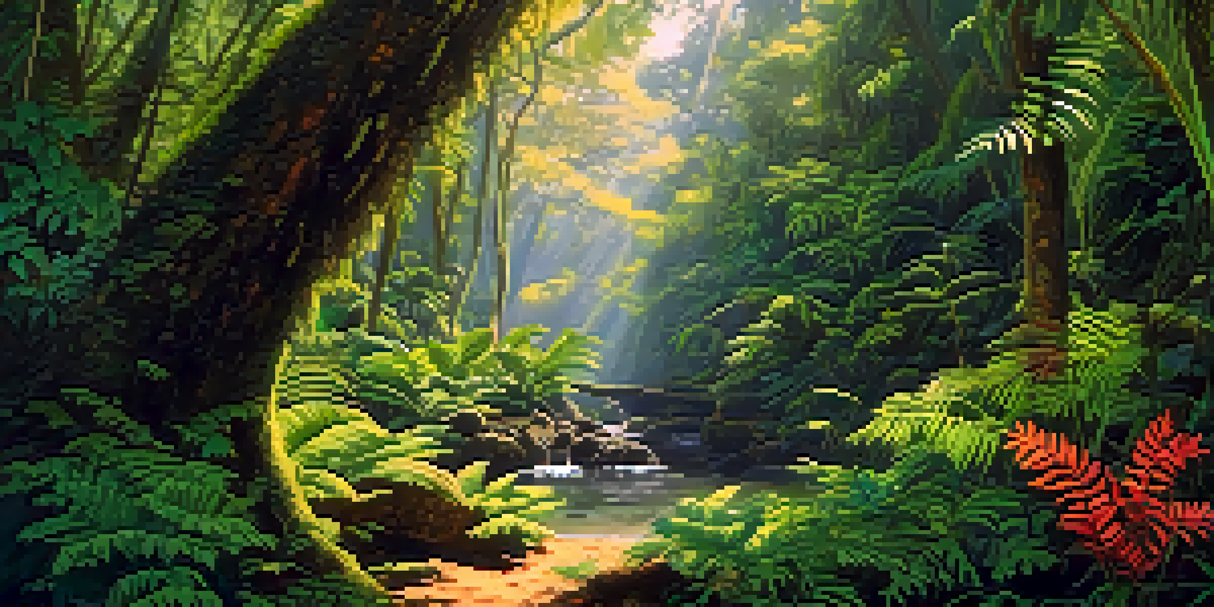 A rainforest scene with travelers observing wildlife, sunlight filtering through the canopy.
