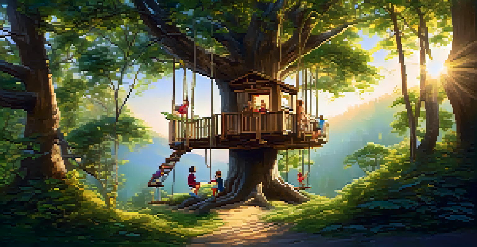 A family in a treehouse, children playing on a rope swing in a sunlit forest.