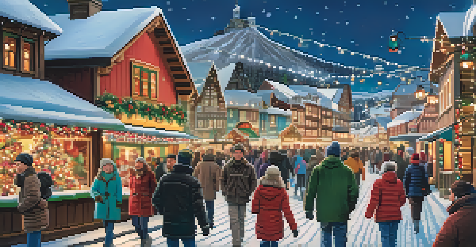 A winter festival in a ski village with colorful lights and people enjoying the festive atmosphere.