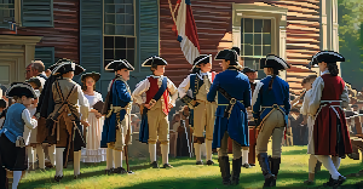 Children reenacting the American Revolution in historical attire, with colonial buildings and flags in the background, while an audience watches.