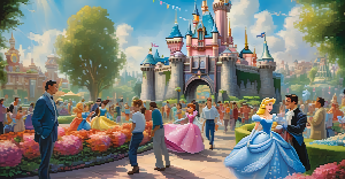 A colorful view of Disneyland featuring the Sleeping Beauty Castle, families enjoying their time with Disney characters, and a bright blue sky.